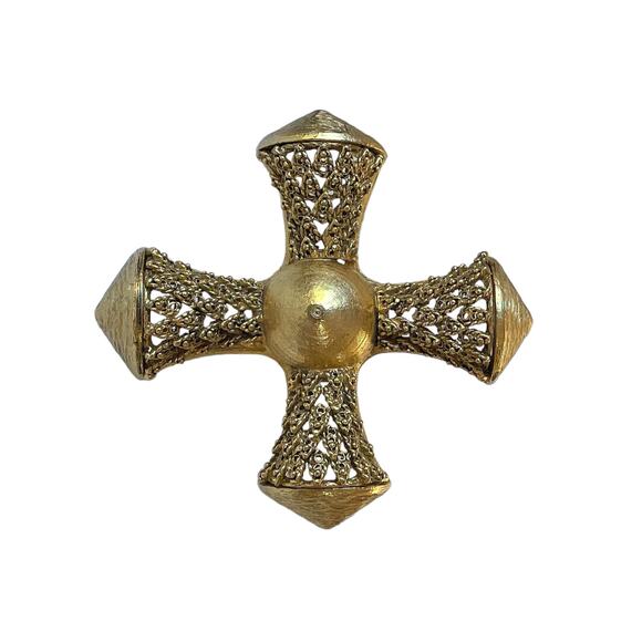 1980s Bold Textured & Brushed Gold Tone Plate Maltese Cross Oversized Pin Brooch - Picture 1 of 4